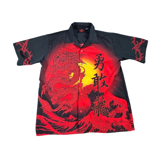 Vintage Y2k Anime Dragon Tribal Camp Button Up Shirt L - Picture 1 of 10